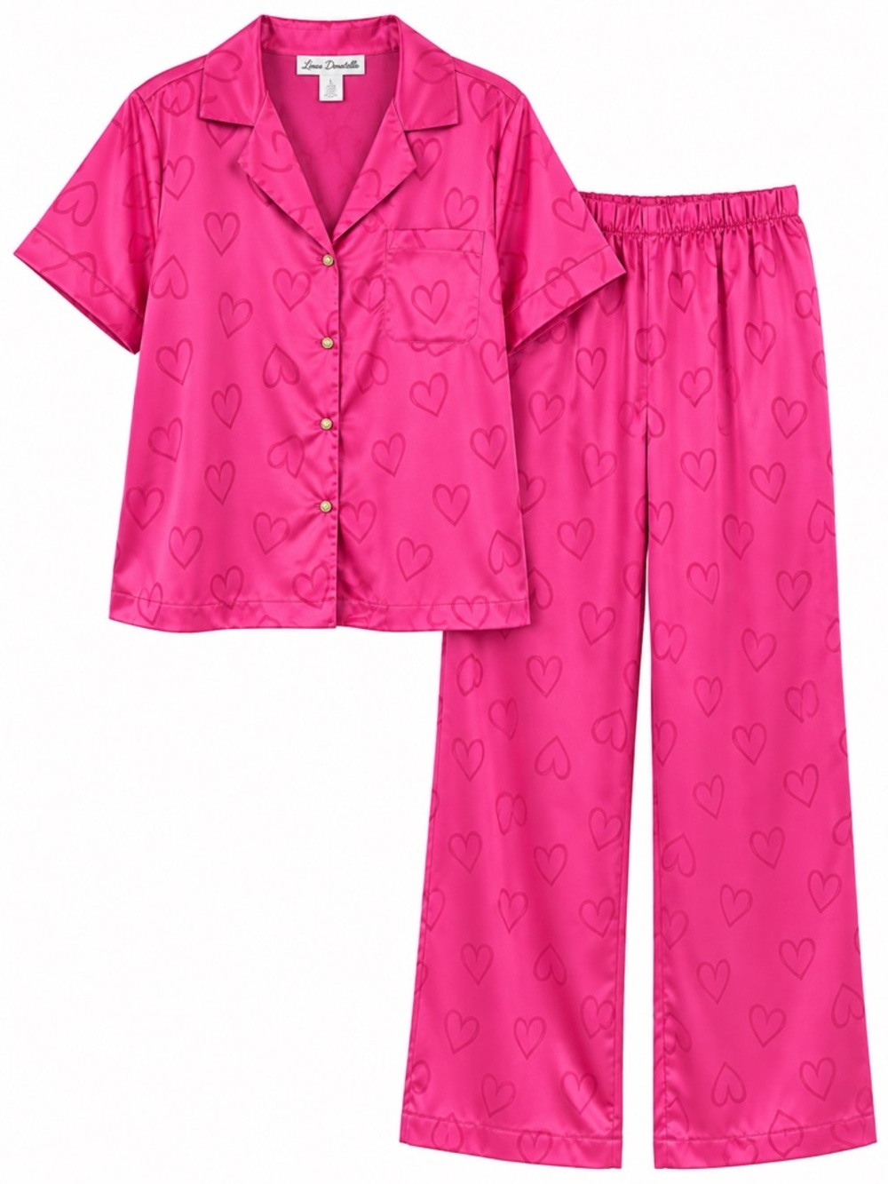 New - Linea Donatella Pink Heart Satin Pajama Set | Size Large